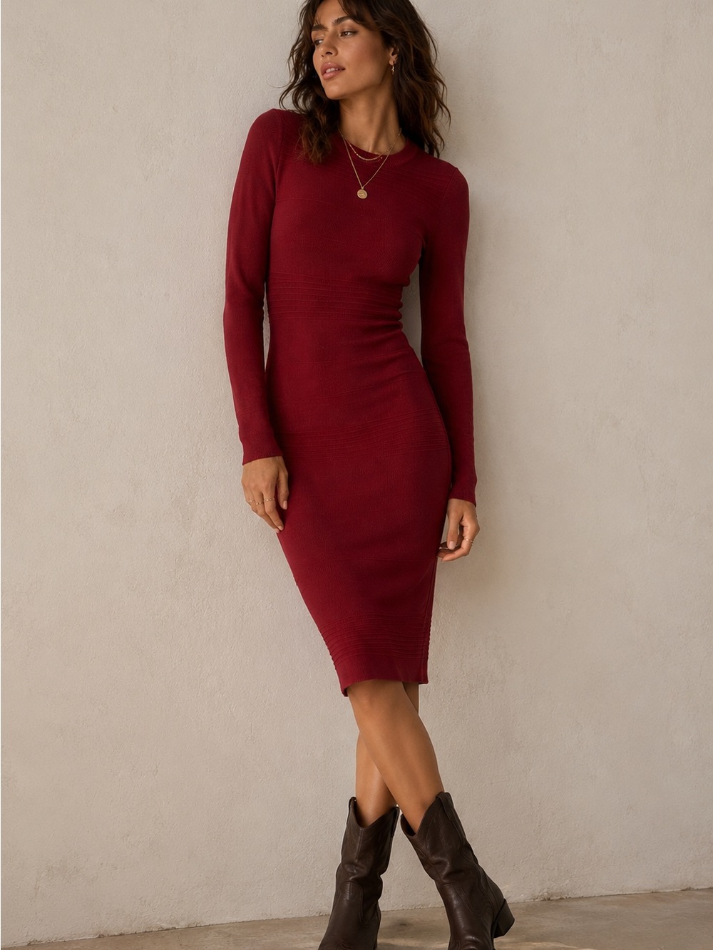Madden Girl Burgundy Ribbed Knit Bodycon Midi Sweater Dress Long Sleeve S